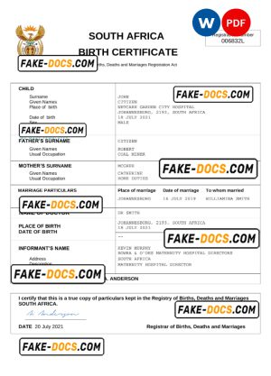 South Africa vital record birth certificate Word and PDF template, completely editable South Africa vital record birth certificate Word and PDF template, completely editable