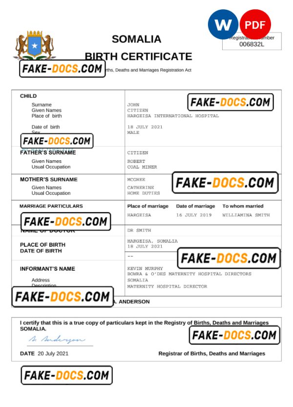Somalia birth certificate Word and PDF template, completely editable