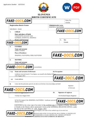 Slovenia birth certificate Word and PDF template, completely editable Slovenia birth certificate Word and PDF template, completely editable
