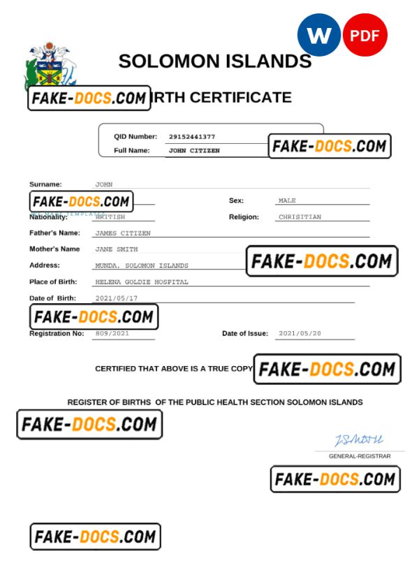 Solomon Islands vital record birth certificate Word and PDF template, completely editable