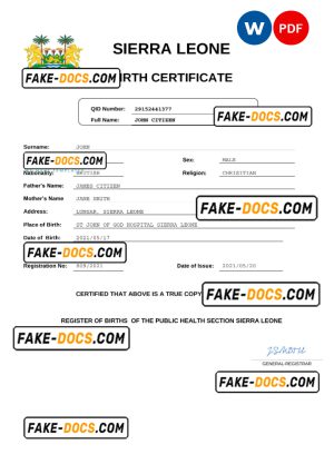 Sierra Leone birth certificate Word and PDF template, completely editable Sierra Leone birth certificate Word and PDF template, completely editable
