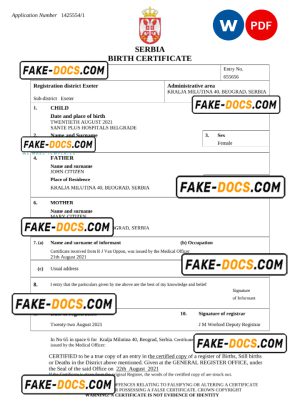Serbia birth certificate Word and PDF template, completely editable Serbia birth certificate Word and PDF template, completely editable