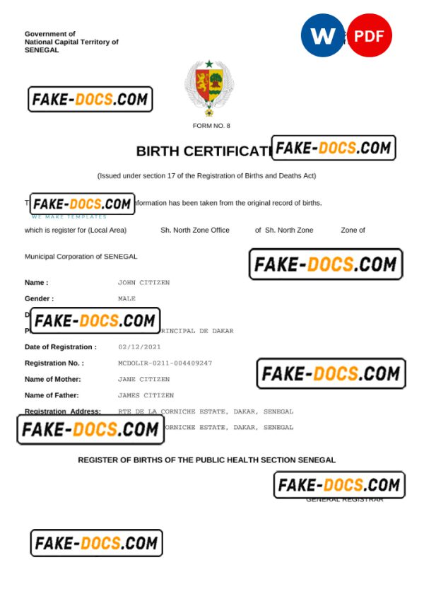 Senegal vital record birth certificate Word and PDF template, completely editable