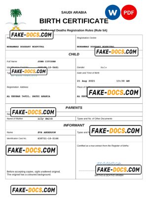 Saudi Arabia birth certificate Word and PDF template, completely editable Saudi Arabia birth certificate Word and PDF template, completely editable