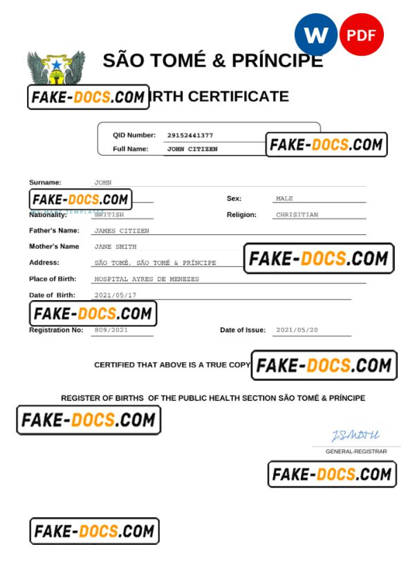 Sao Tome & Principe vital record birth certificate Word and PDF template, completely editable