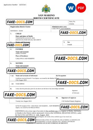 San Marino birth certificate Word and PDF template, completely editable San Marino birth certificate Word and PDF template, completely editable