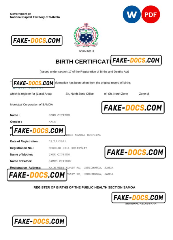 Samoa vital record birth certificate Word and PDF template, completely editable