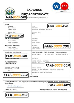 Salvador birth certificate Word and PDF template, completely editable Salvador birth certificate Word and PDF template, completely editable