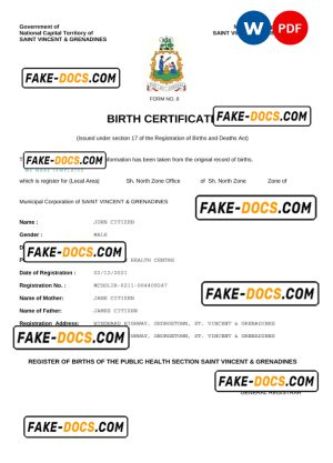 Saint Vincent & Grenadines vital record birth certificate Word and PDF template, completely editable Saint Vincent & Grenadines vital record birth certificate Word and PDF template, completely editable