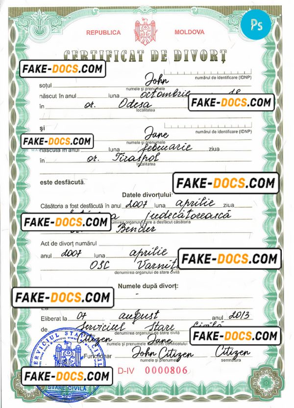 MOLDOVA vital record divorce certificate PSD template