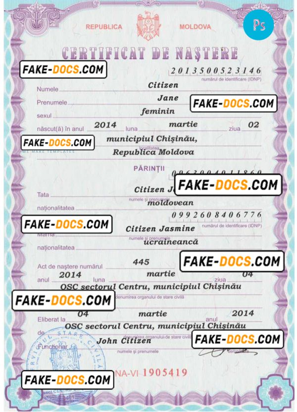 MOLDOVA vital record birth certificate PSD template, version 2
