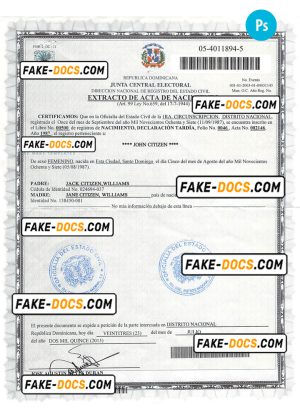 DOMINICAN REPUBLIC vital record birth certificate PSD template