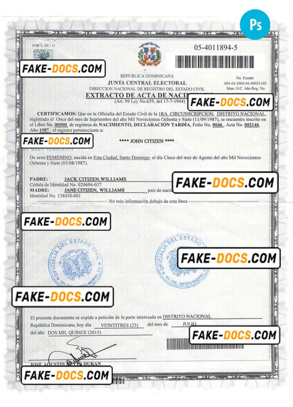 DOMINICAN REPUBLIC vital record birth certificate PSD template