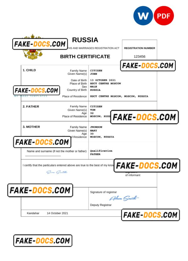 Russia vital record birth certificate Word and PDF template, completely editable