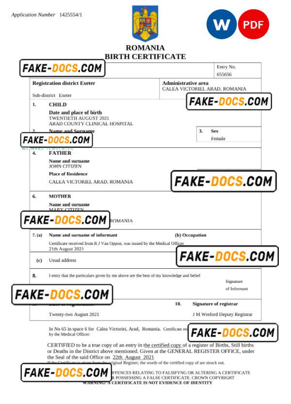 Romania birth certificate Word and PDF template, completely editable