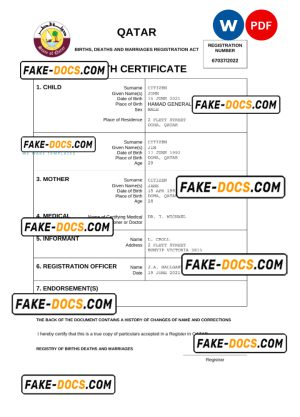 Qatar vital record birth certificate Word and PDF template, completely editable Qatar vital record birth certificate Word and PDF template, completely editable