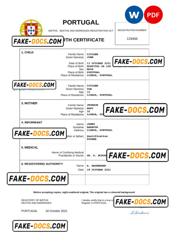 Portugal birth certificate Word and PDF template, completely editable
