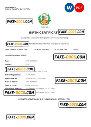 Peru birth certificate Word and PDF template, completely editable