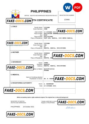 Philippines vital record birth certificate Word and PDF template, completely editable