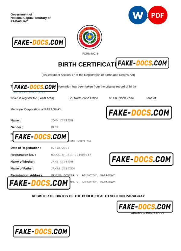 Paraguay birth certificate Word and PDF template, completely editable