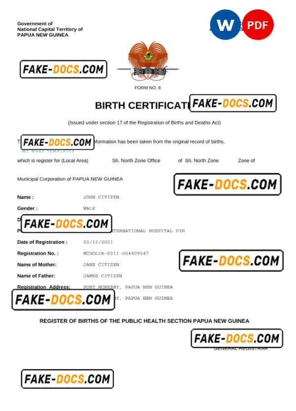 Papua New Guinea vital record birth certificate Word and PDF template, completely editable