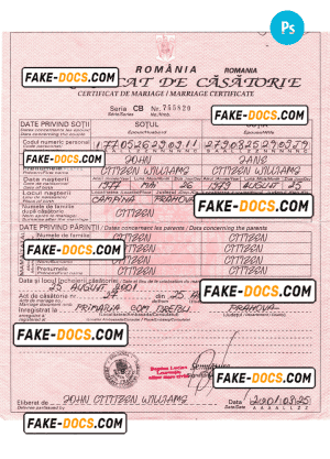 ROMANIA vital record marriage certificate PSD template