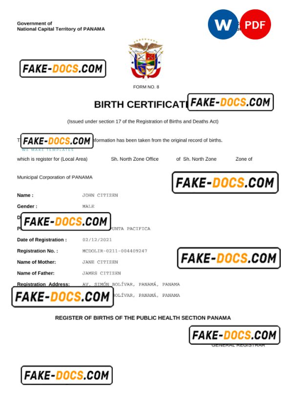 Panama birth certificate Word and PDF template, completely editable