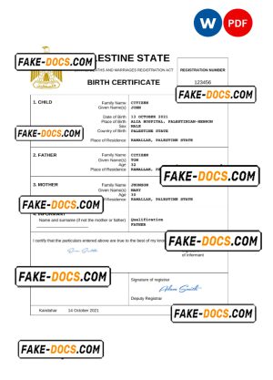 Palestine vital record birth certificate Word and PDF template, completely editable Palestine vital record birth certificate Word and PDF template, completely editable