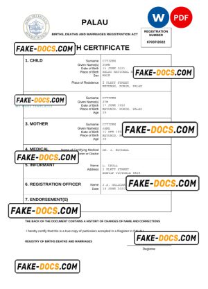 Palau birth certificate Word and PDF template, completely editable