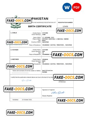 Pakistan vital record birth certificate Word and PDF template, completely editable