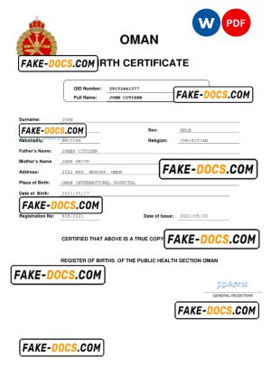 Oman birth certificate Word and PDF template, completely editable