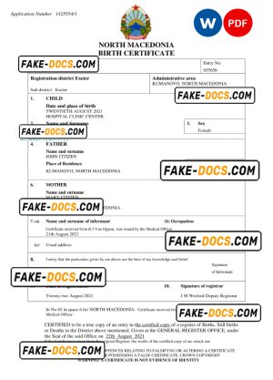 North Macedonia vital record birth certificate Word and PDF template, completely editable