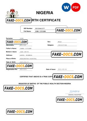 Nigeria vital record birth certificate Word and PDF template, completely editable