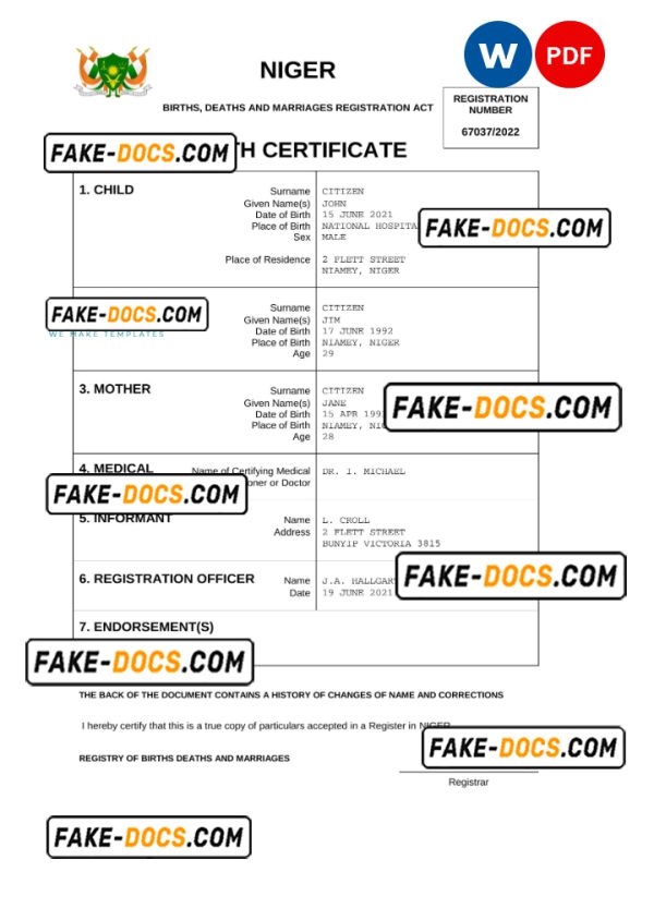 Niger birth certificate Word and PDF template, completely editable