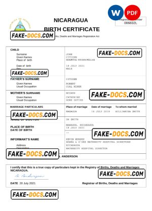 Nicaragua vital record birth certificate Word and PDF template, completely editable