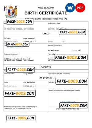 New Zealand birth certificate Word and PDF template, completely editable