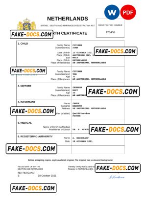 Netherlands vital record birth certificate Word and PDF template, completely editable