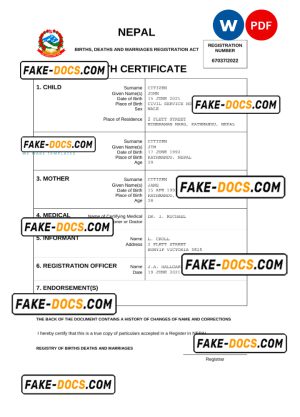 Nepal birth certificate Word and PDF template, completely editable