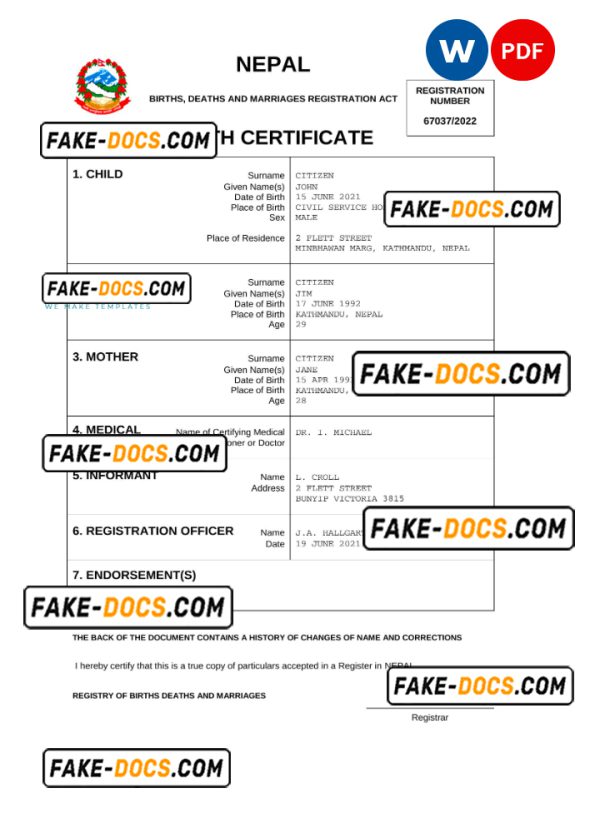 Nepal birth certificate Word and PDF template, completely editable