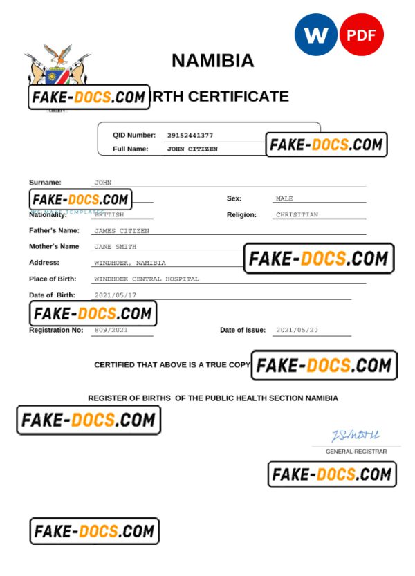 Namibia birth certificate Word and PDF template, completely editable