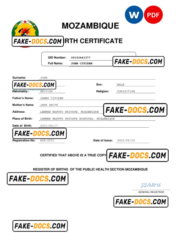 Mozambique birth certificate Word and PDF template, completely editable