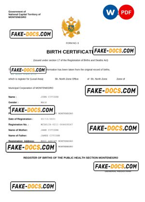 Montenegro birth certificate Word and PDF template, completely editable