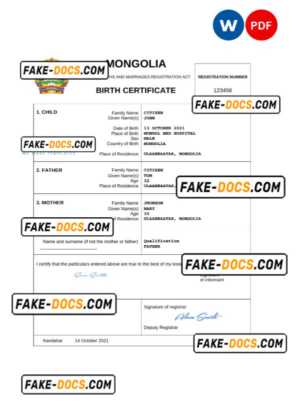 Mongolia birth certificate Word and PDF template, completely editable