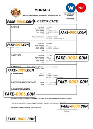 Monaco vital record birth certificate Word and PDF template, completely editable Monaco vital record birth certificate Word and PDF template, completely editable