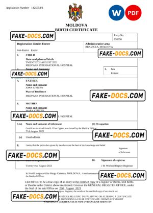 Moldova birth certificate Word and PDF template, completely editable Moldova birth certificate Word and PDF template, completely editable