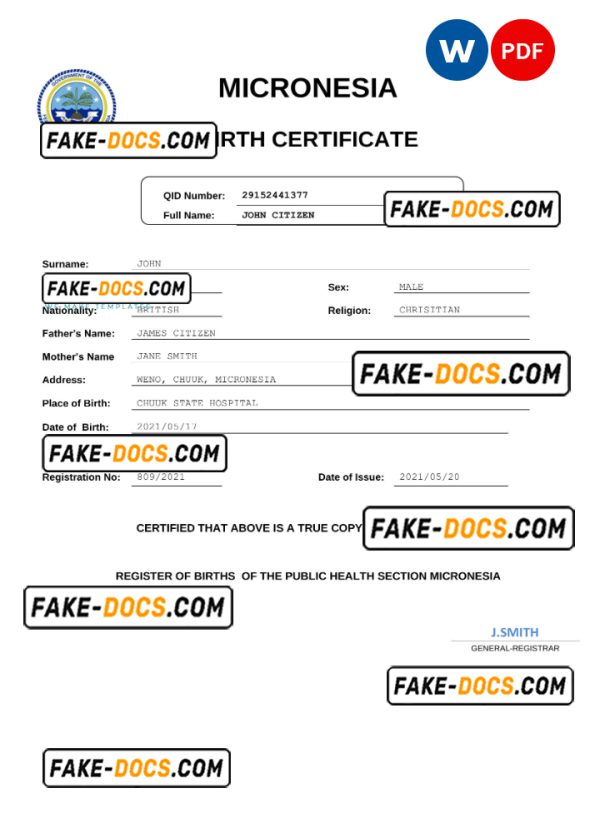 Micronesia vital record birth certificate Word and PDF template, completely editable