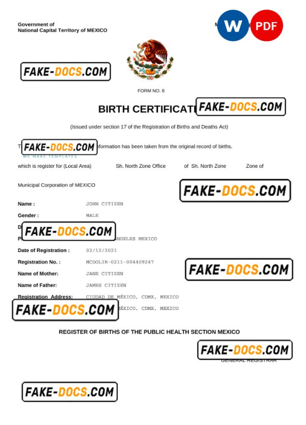 Mexico birth certificate Word and PDF template, completely editable