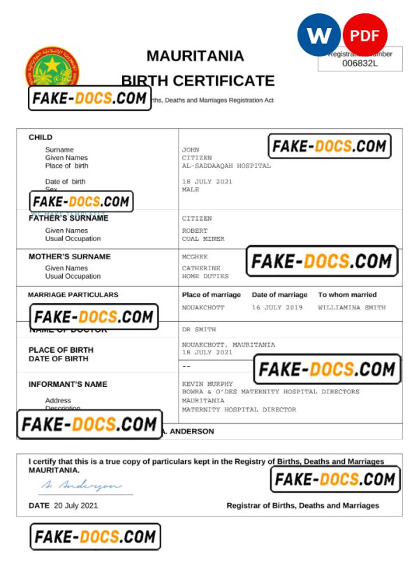 Mauritania birth certificate Word and PDF template, completely editable