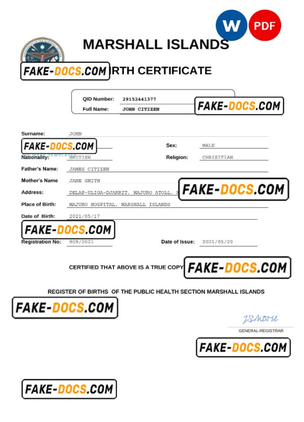 Marshall Islands vital record birth certificate Word and PDF template, completely editable