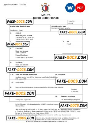 Malta birth certificate Word and PDF template, completely editable Malta birth certificate Word and PDF template, completely editable